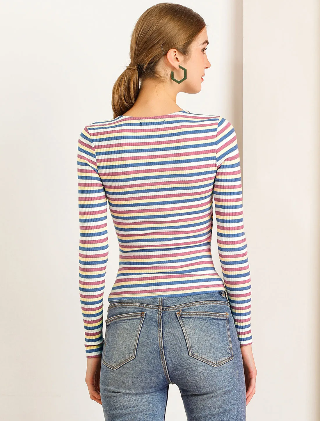 Stripe Rainbow Tops Slim Long Sleeve Knit Colorful T-Shirt sold by Allegra K product image thumbnail 5