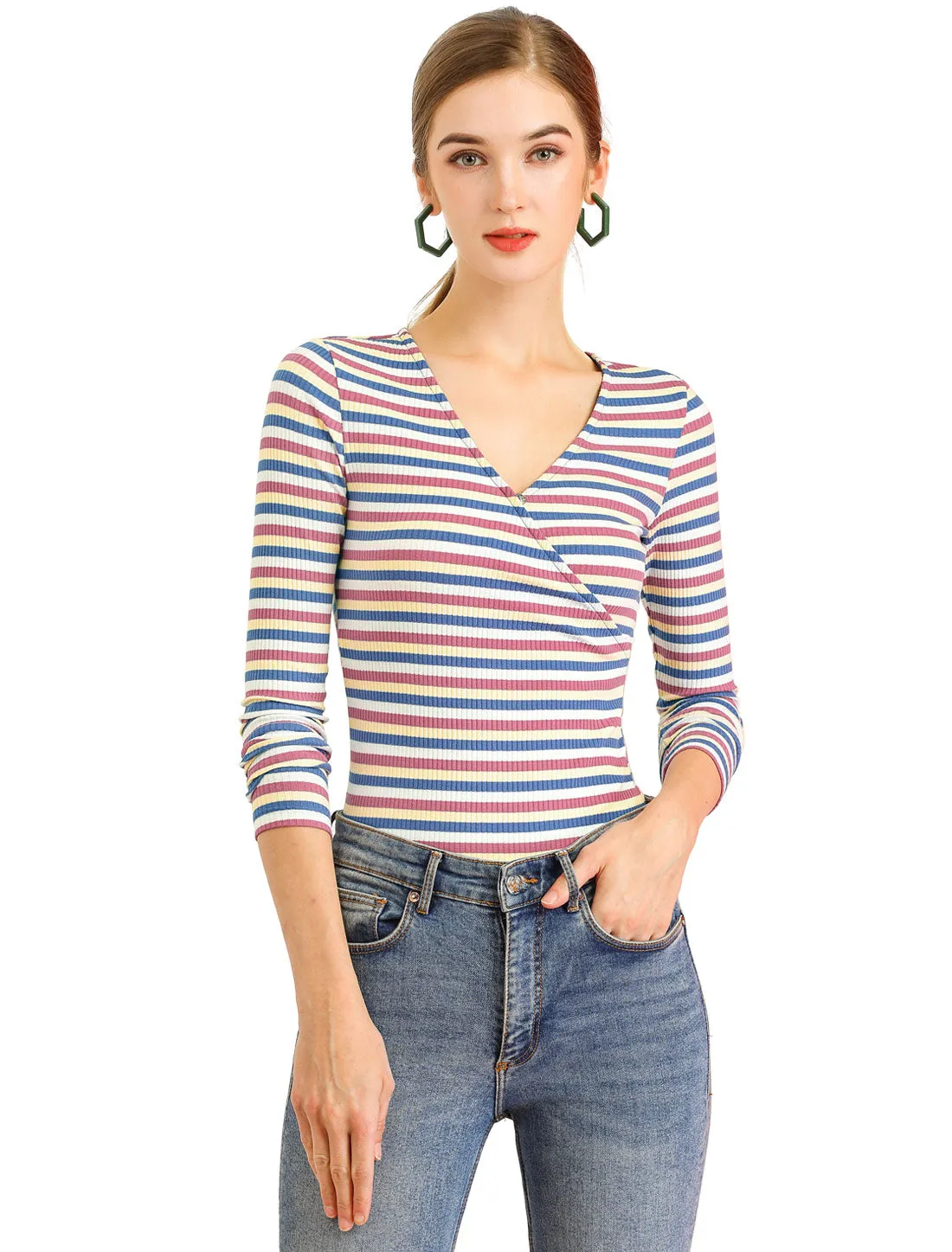 Stripe Rainbow Tops Slim Long Sleeve Knit Colorful T-Shirt sold by Allegra K product image thumbnail 2