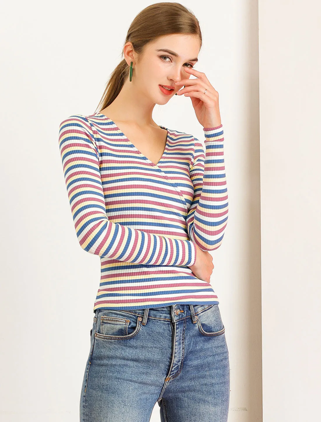 Stripe Rainbow Tops Slim Long Sleeve Knit Colorful T-Shirt sold by Allegra K product image thumbnail 3