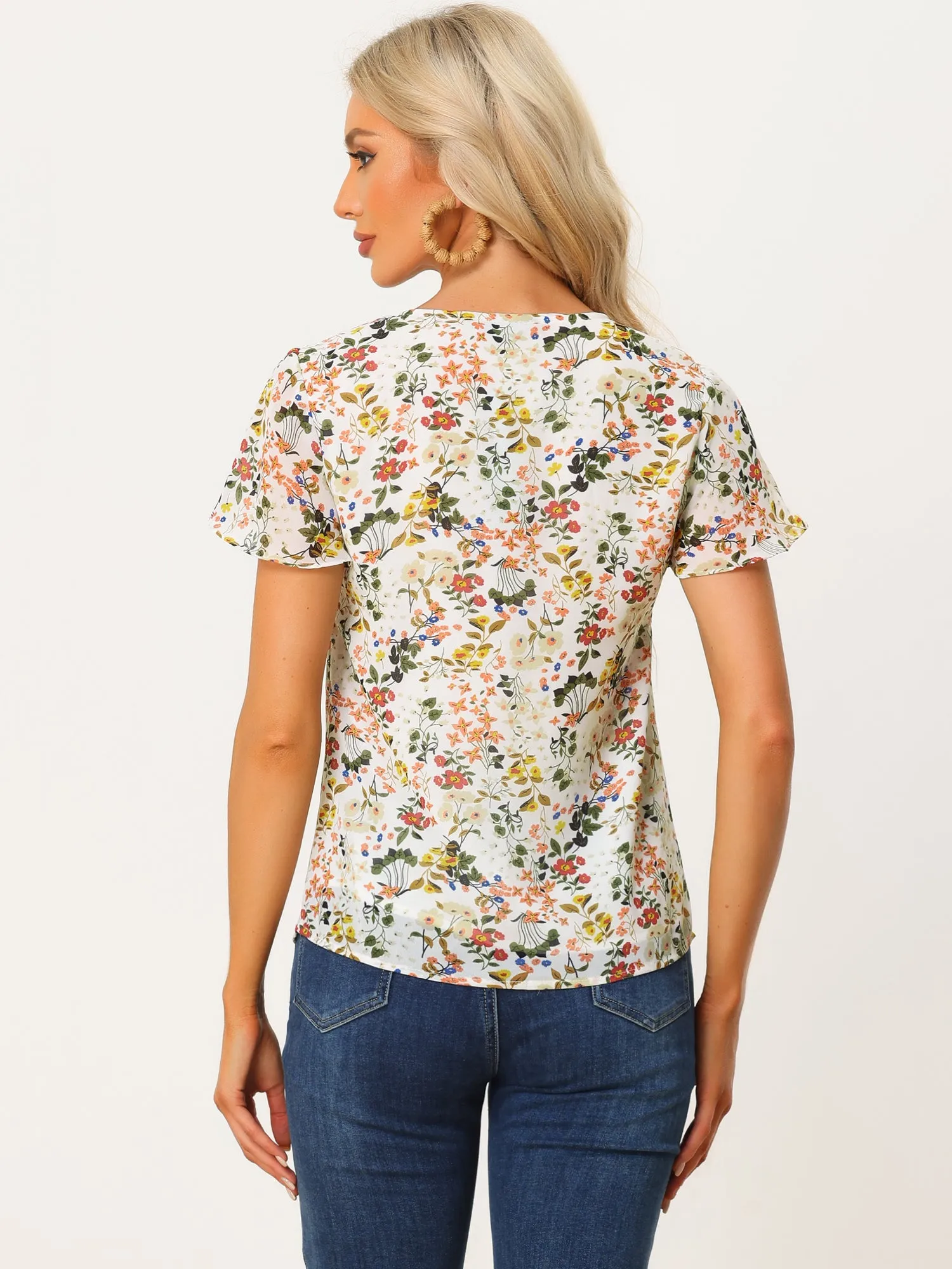 V Neck Flared Short Sleeve Pleated Floral Print Blouse sold by Allegra K product image thumbnail 3
