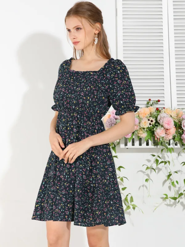 Square Neck Elastic Waist Frill Trim Flowy Floral Puff Sleeve Dress sold by Allegra K