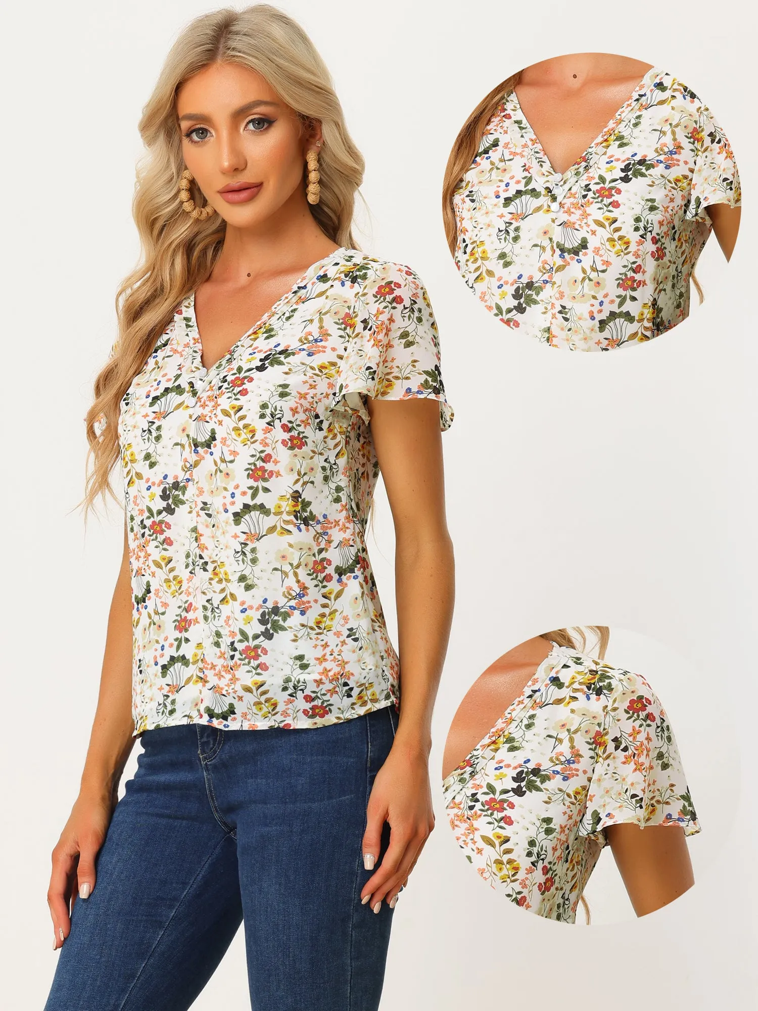 V Neck Flared Short Sleeve Pleated Floral Print Blouse sold by Allegra K product image thumbnail 2