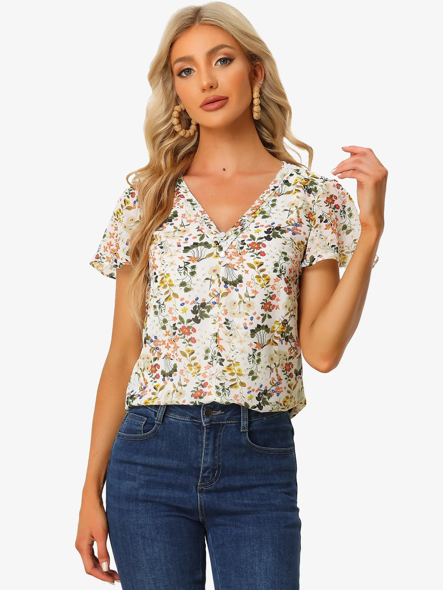 V Neck Flared Short Sleeve Pleated Floral Print Blouse sold by Allegra K