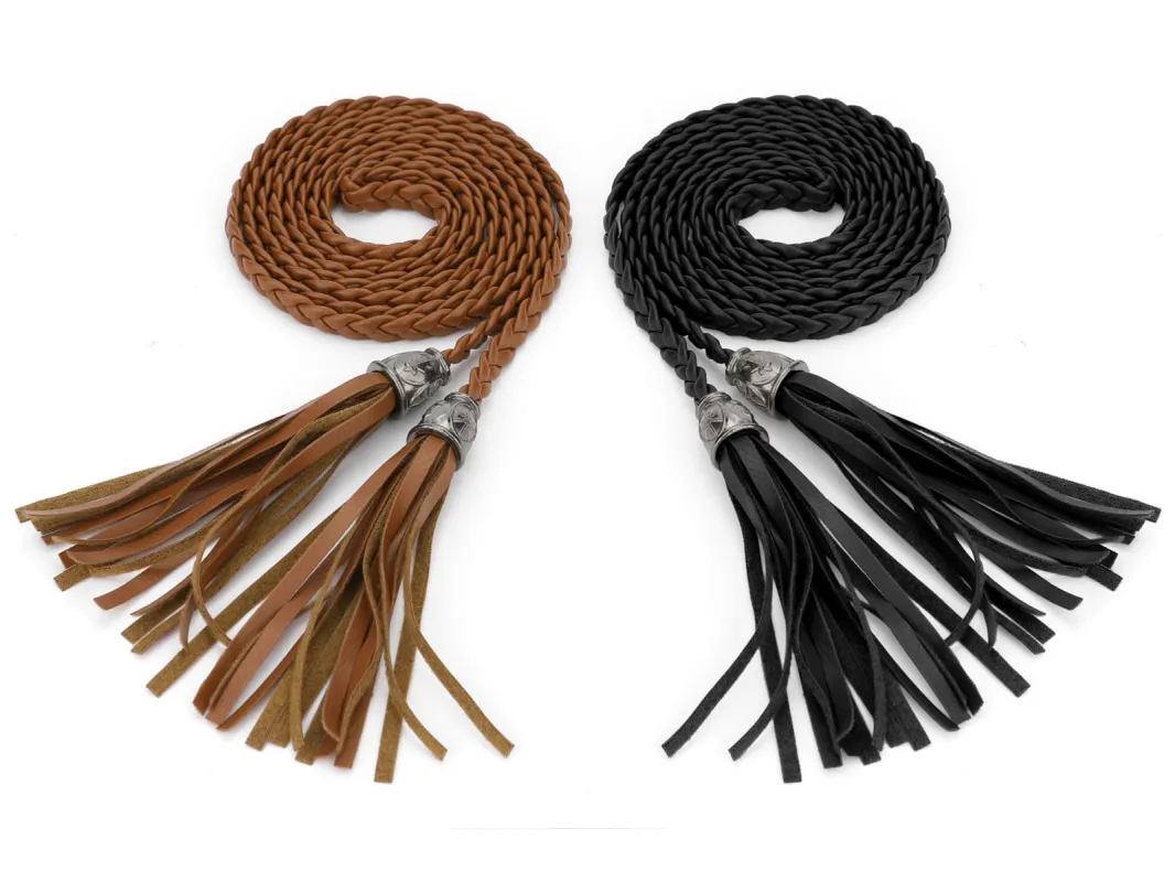 Womens Tassels Braided Waist Belt Woven Skinny Belts for Dress sold by Allegra K