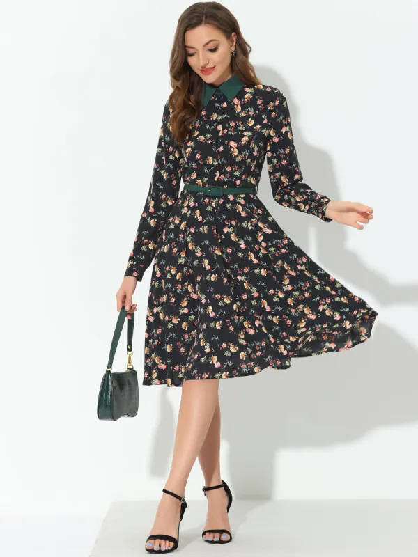 Floral Contrast Collar Belted Long Sleeve Retro Work Office Dress sold by Allegra K