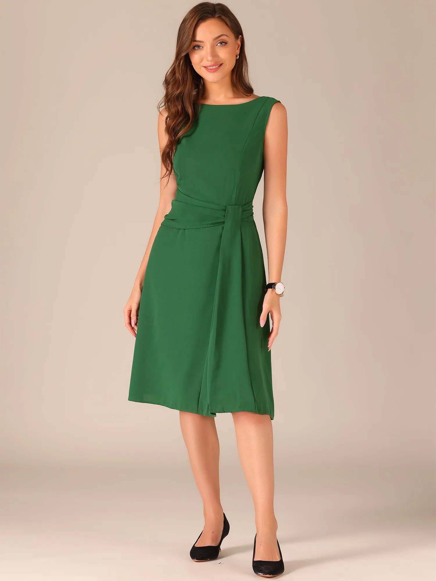 Boat Neck Sleeveless Solid Color A-Line Midi Dress sold by Allegra K