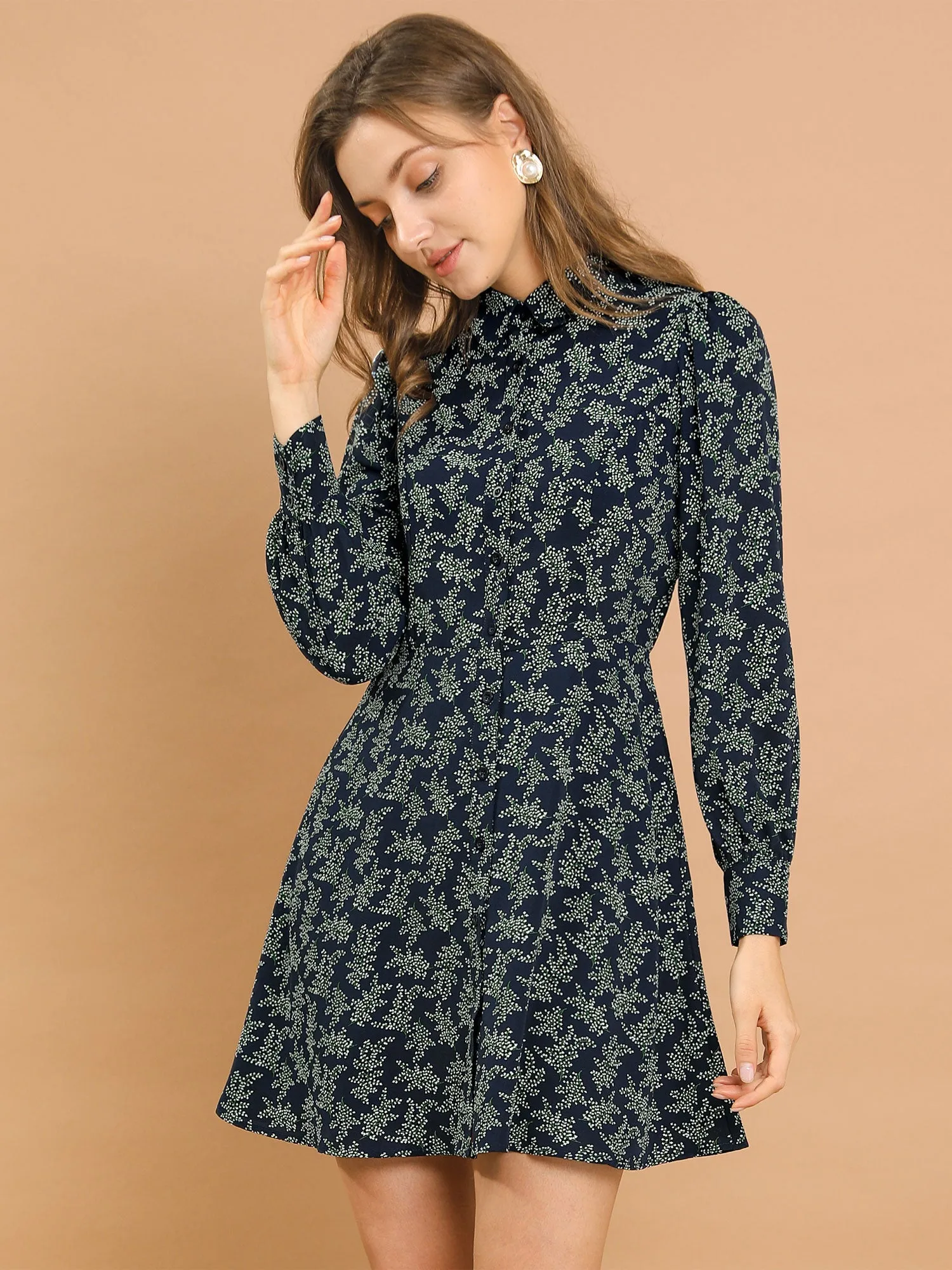 Floral Printed Vintage Puff Sleeve Turn Down Collar Mini Dress sold by Allegra K product image thumbnail 2