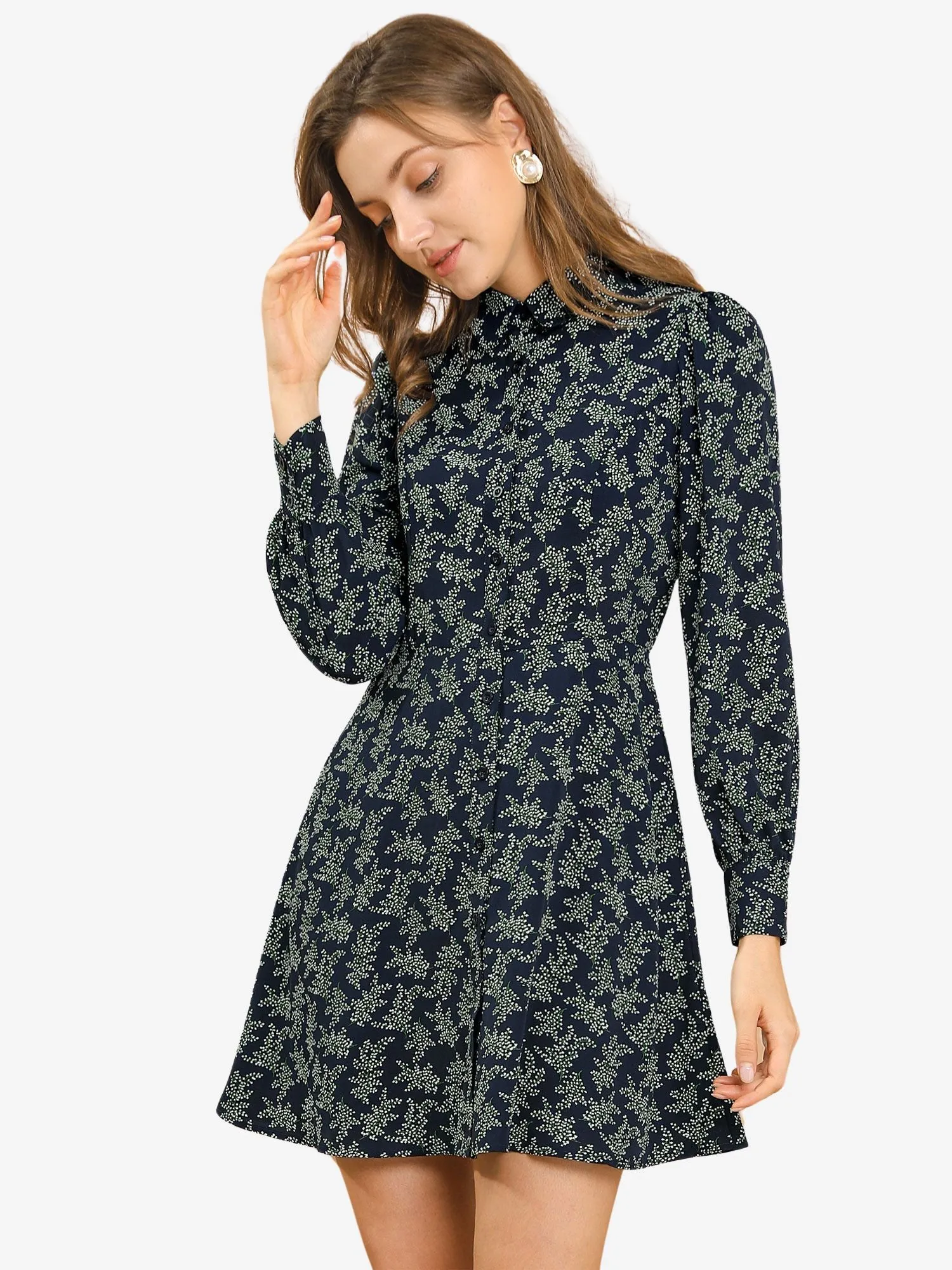 Floral Printed Vintage Puff Sleeve Turn Down Collar Mini Dress sold by Allegra K