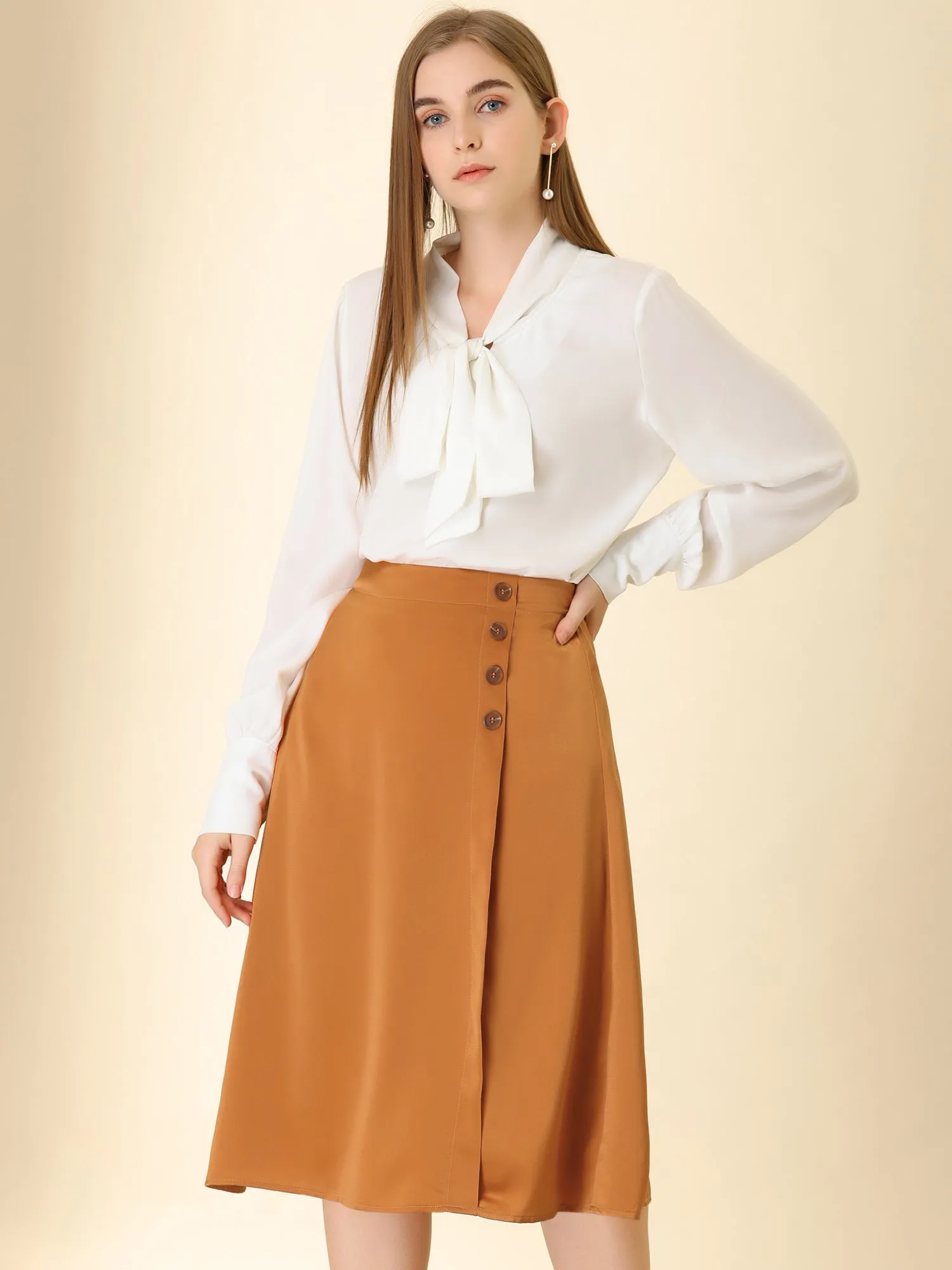 Midi Side Split Zipper Flare Satin Work Skirt sold by Allegra K product image thumbnail 2