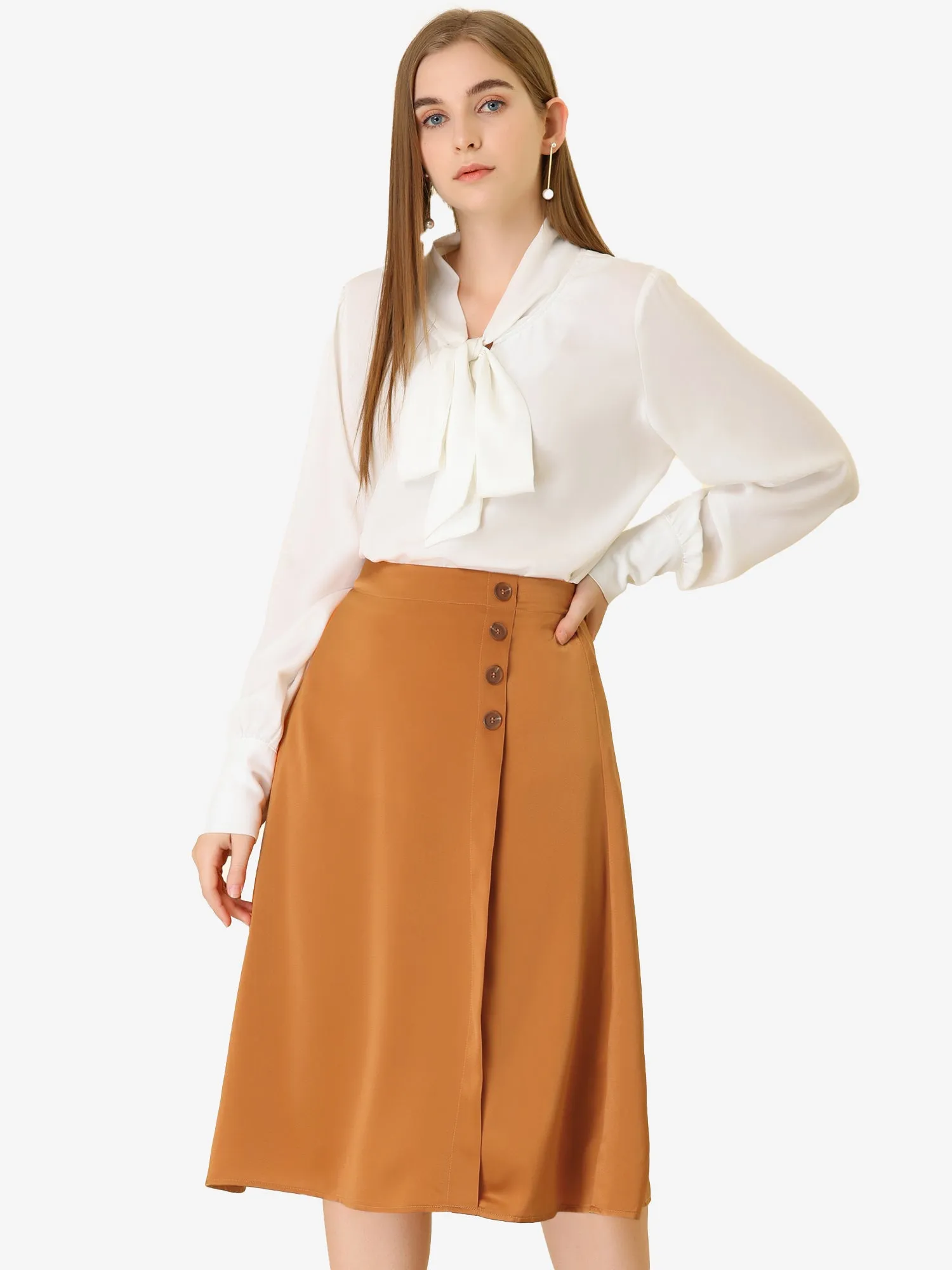 Midi Side Split Zipper Flare Satin Work Skirt sold by Allegra K