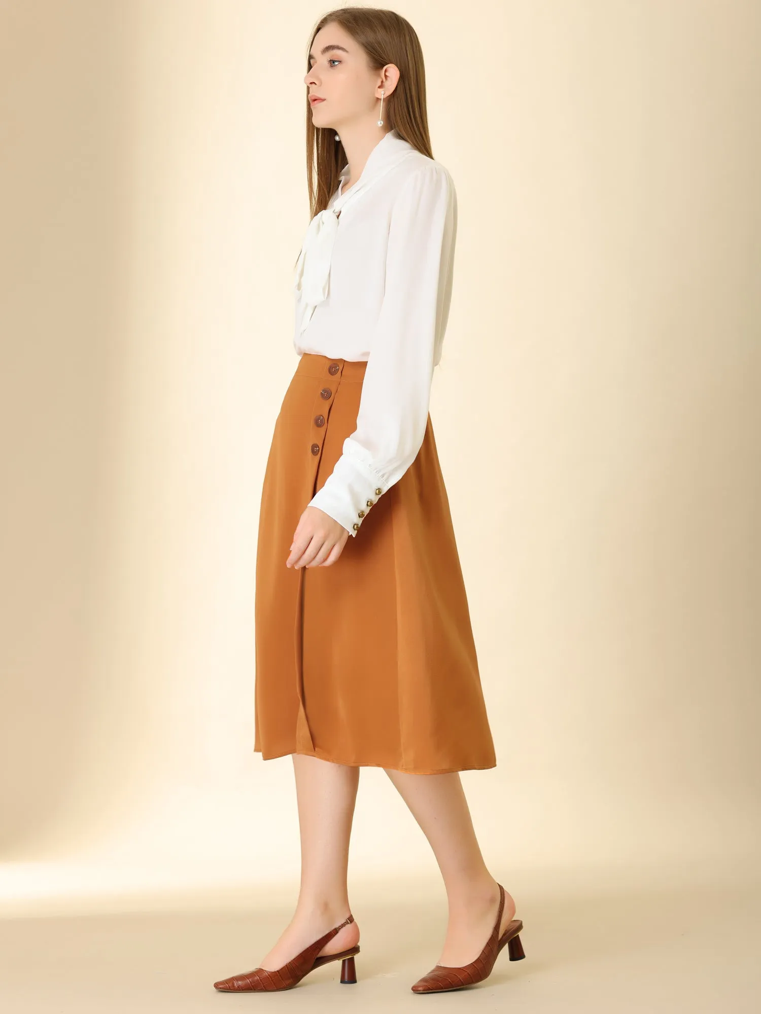 Midi Side Split Zipper Flare Satin Work Skirt sold by Allegra K product image thumbnail 4