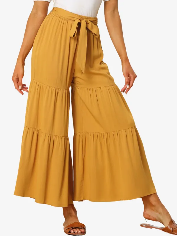 YYDGH Women's Capri Linen Wide Leg Pants Summer Boho Wide Leg Pants Smocked High Rise Waist Casual Beach Pants With Pocket