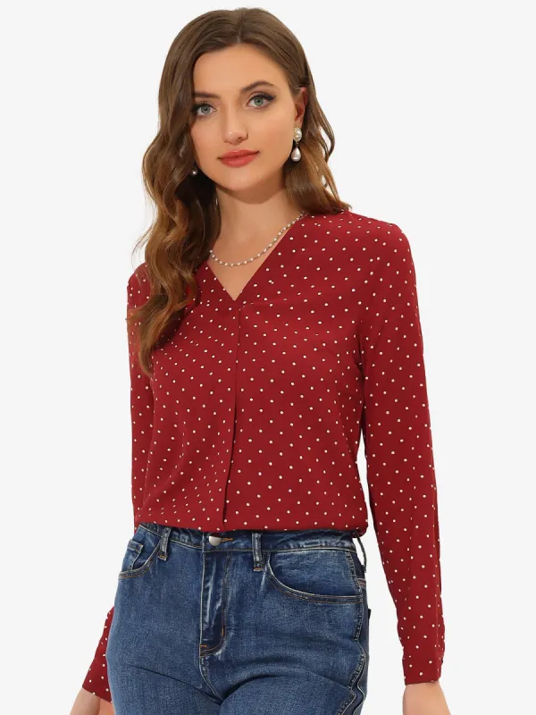 Work Tops V Neck Elegant Long Sleeve Polka Dots Blouse sold by Allegra K
