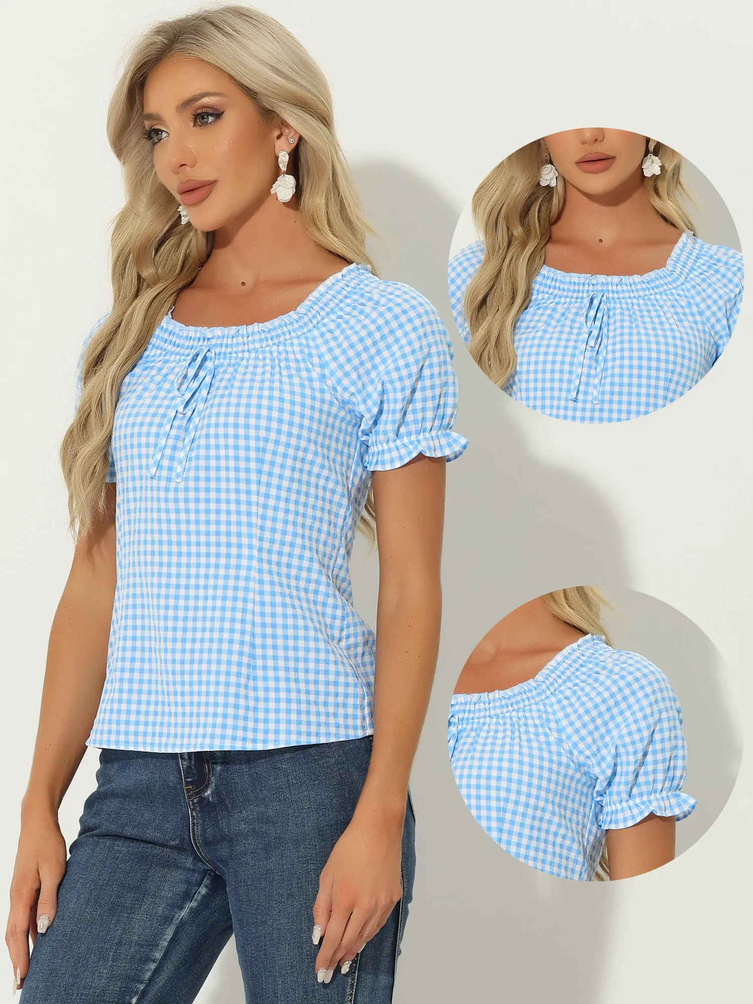 Peasant Round Neck Ruffles Puff Sleeve Gingham Plaid Blouse sold by Allegra K product image thumbnail 2