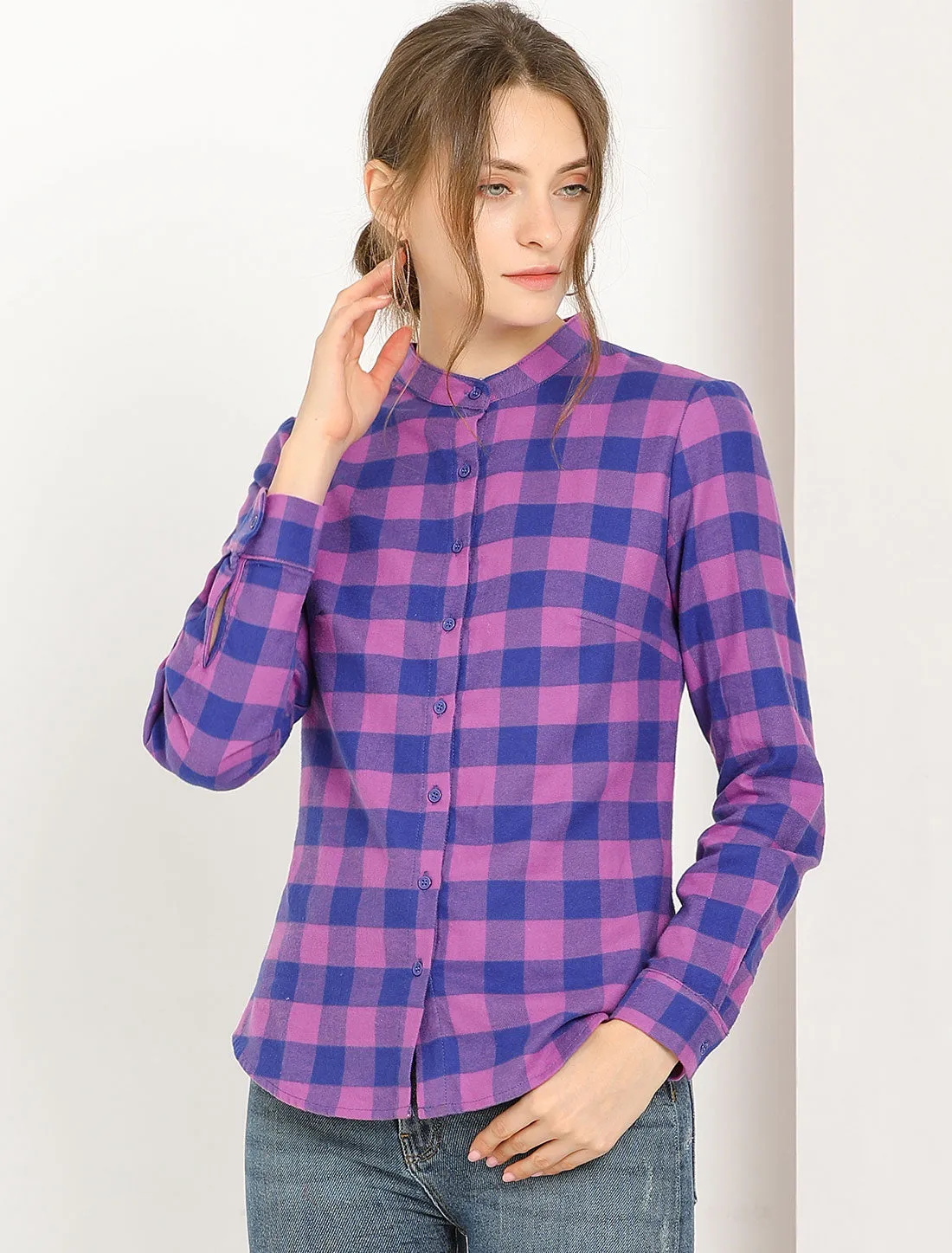Plaid Stand Collare Color Block Cotton Blouse Button Down Shirt sold by Allegra K product image thumbnail 2