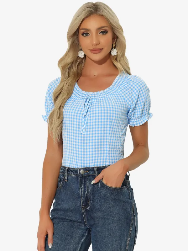 Peasant Round Neck Ruffles Puff Sleeve Gingham Plaid Blouse sold by Allegra K