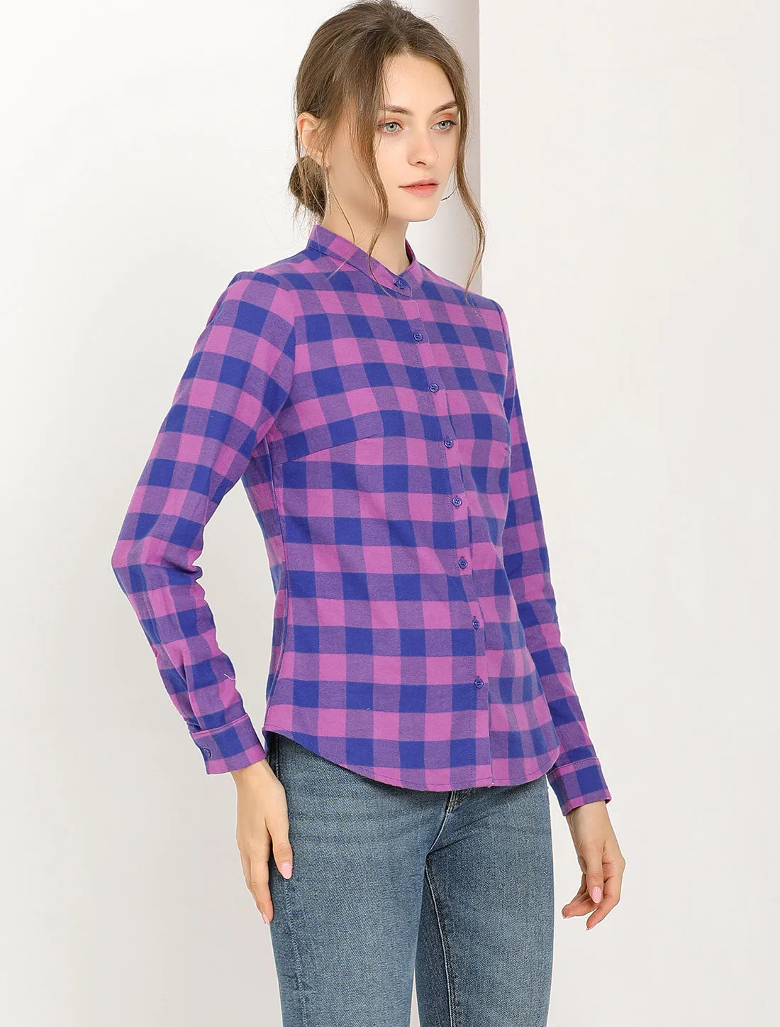 Plaid Stand Collare Color Block Cotton Blouse Button Down Shirt sold by Allegra K product image thumbnail 3