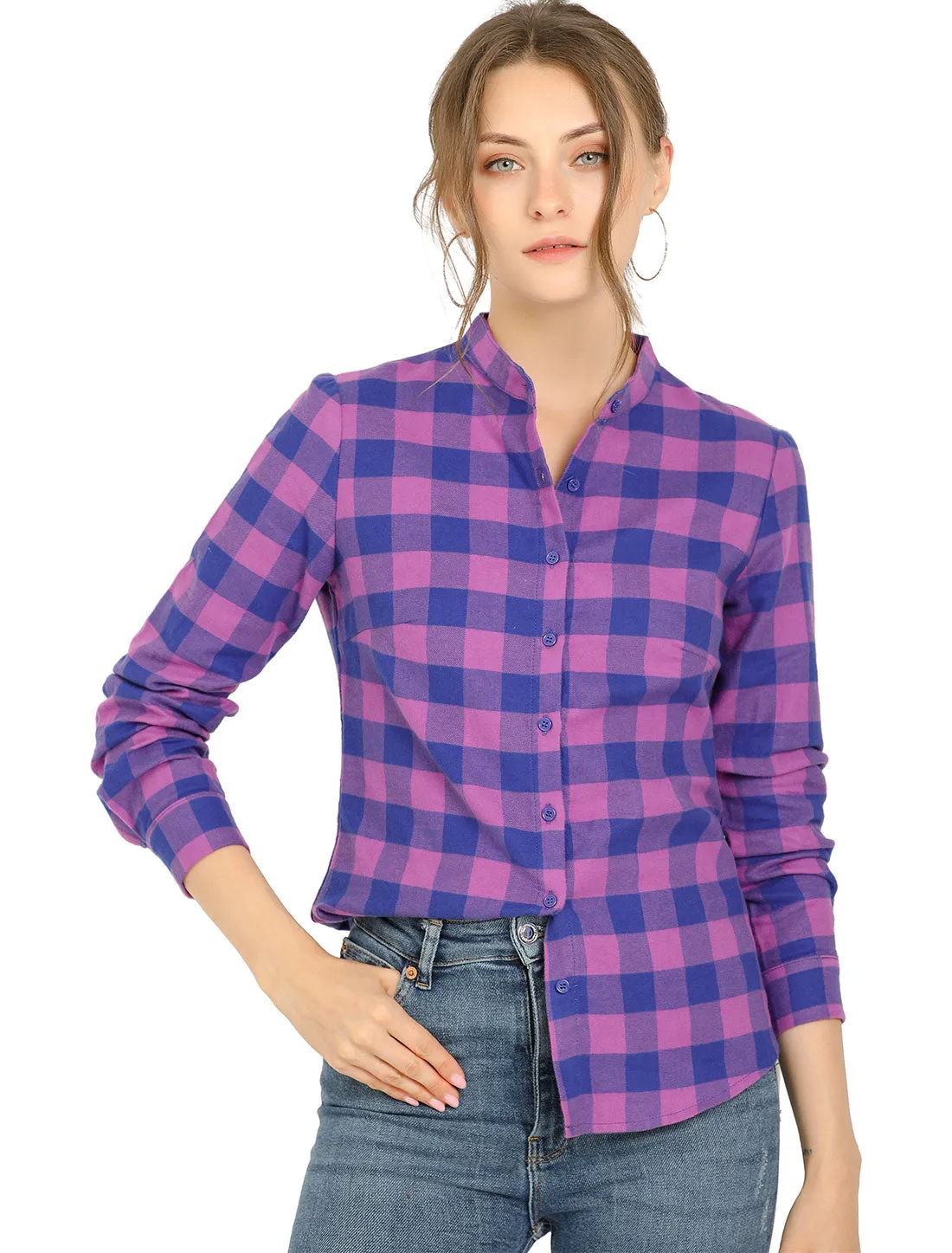 Plaid Stand Collare Color Block Cotton Blouse Button Down Shirt sold by Allegra K
