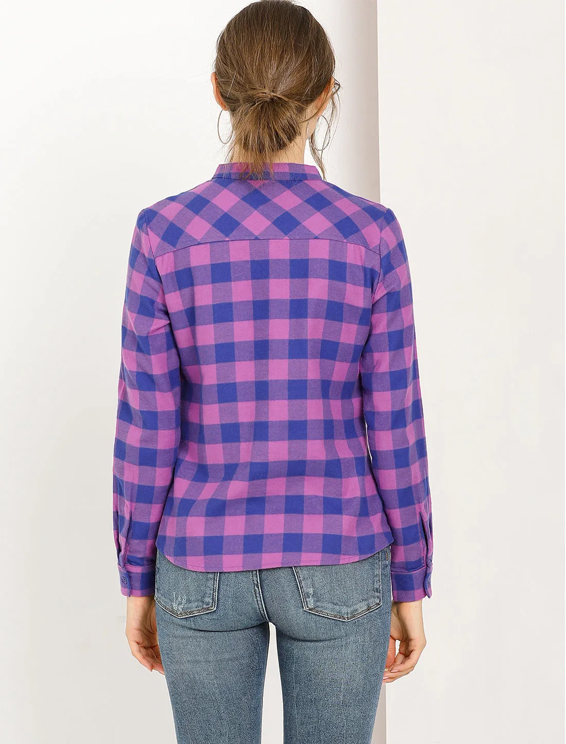 Plaid Stand Collare Color Block Cotton Blouse Button Down Shirt sold by Allegra K product image thumbnail 4