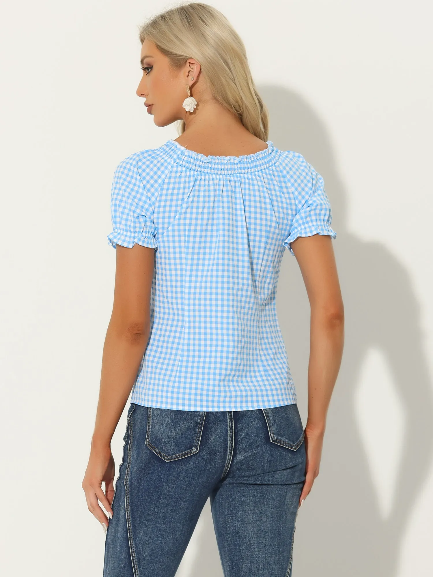 Peasant Round Neck Ruffles Puff Sleeve Gingham Plaid Blouse sold by Allegra K product image thumbnail 3