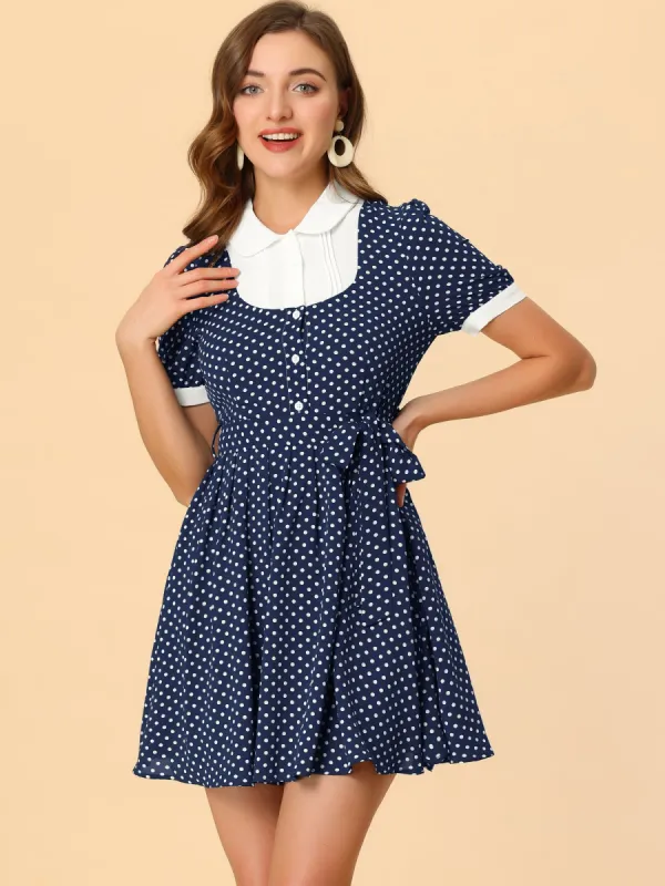 Polka Dot Peter Pan Collar Belted Waist Puff Sleeve 1950s Mini Dress sold by Allegra K