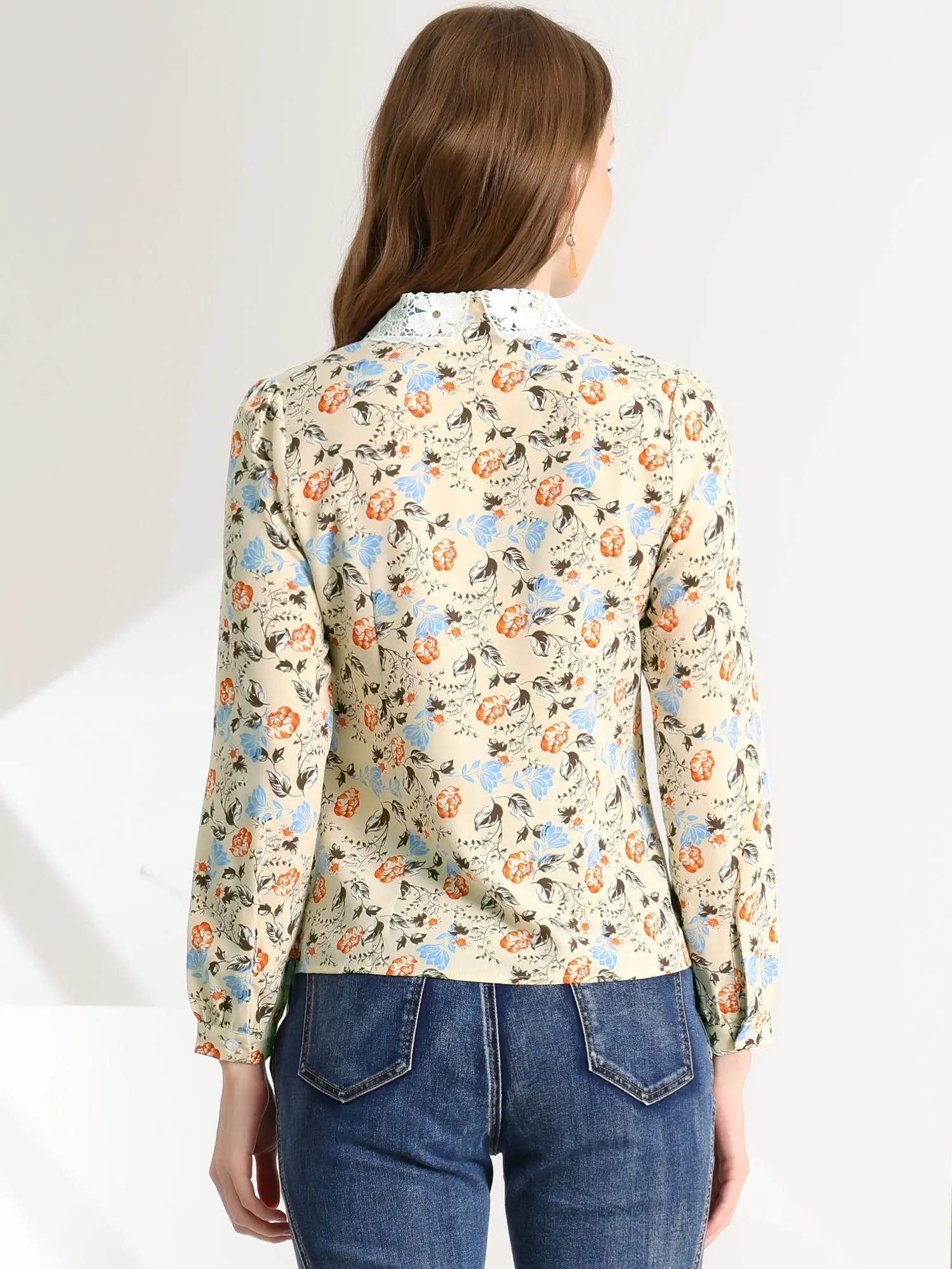 Tie Neck Contrast Lace Collar Floral Long Sleeve Blouse sold by Allegra K product image thumbnail 5