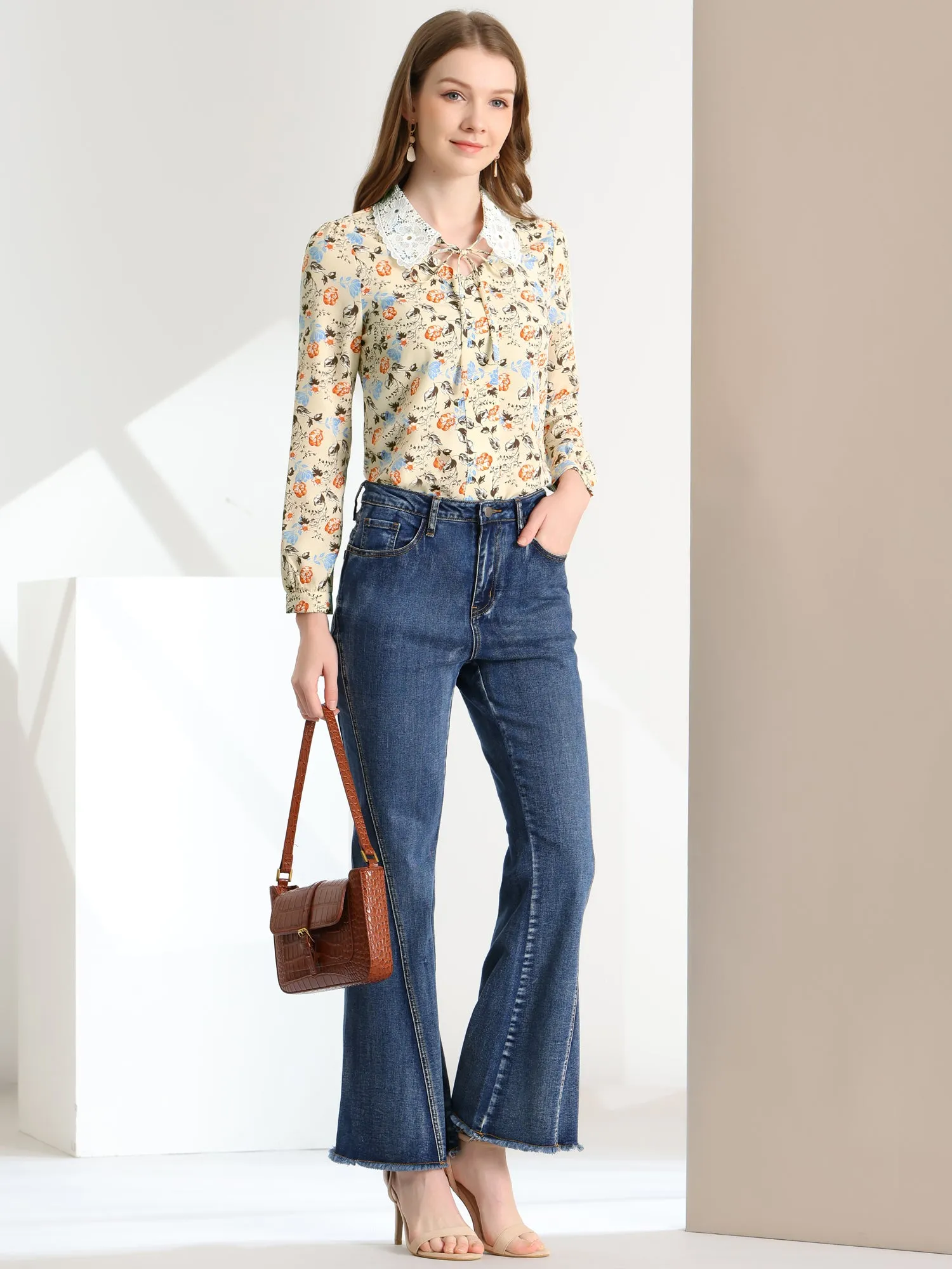 Tie Neck Contrast Lace Collar Floral Long Sleeve Blouse sold by Allegra K