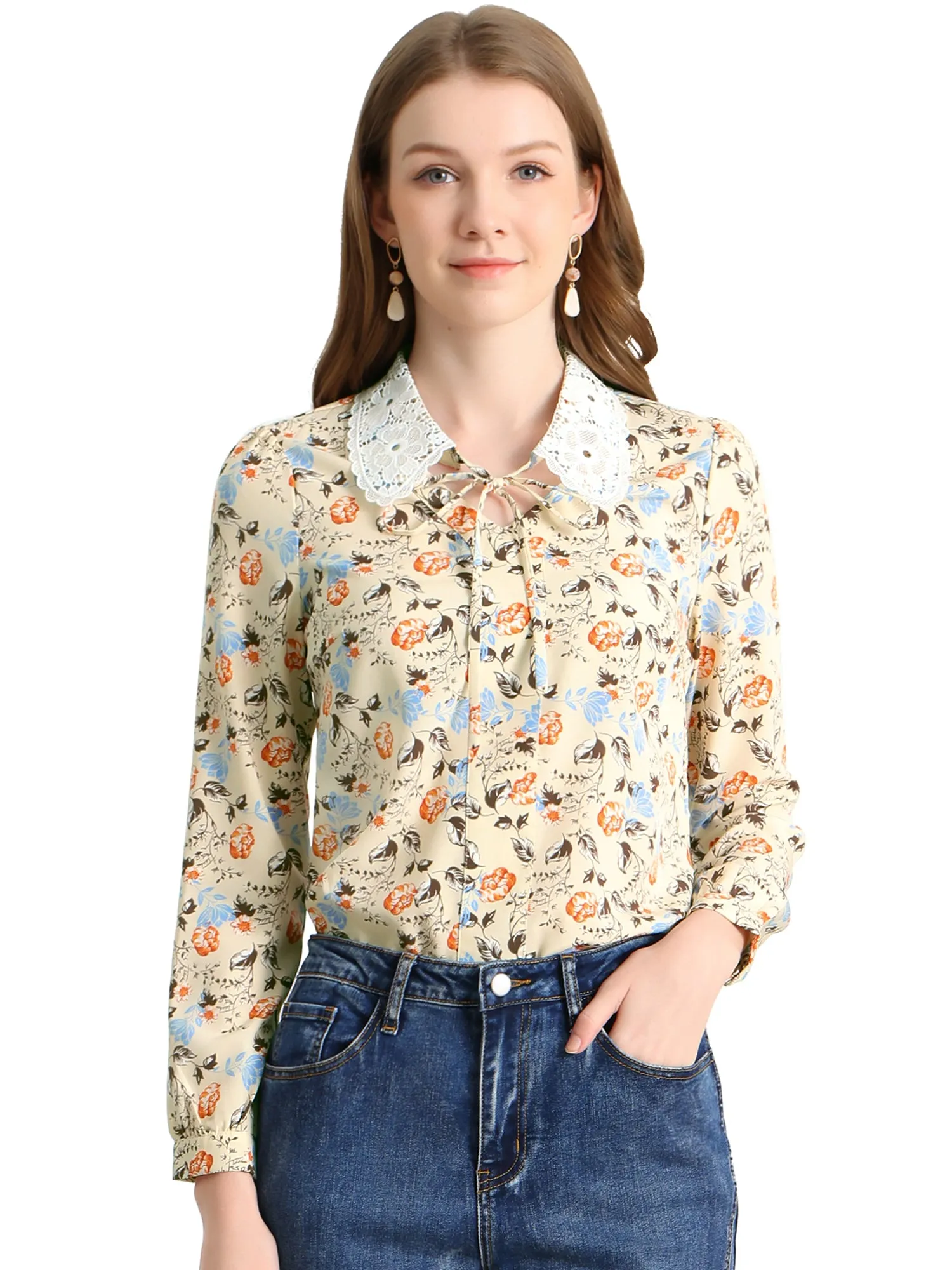 Tie Neck Contrast Lace Collar Floral Long Sleeve Blouse sold by Allegra K product image thumbnail 2