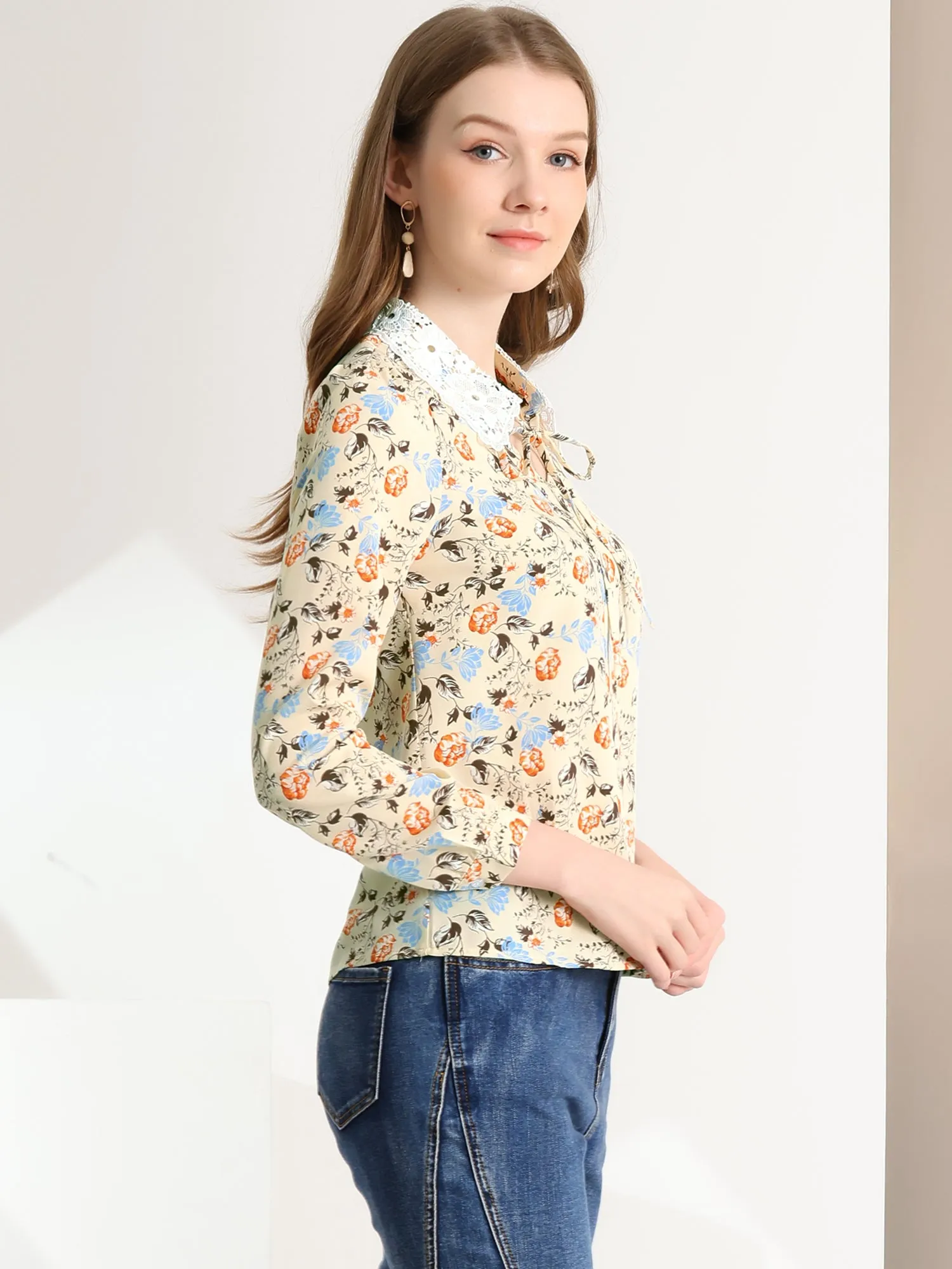 Tie Neck Contrast Lace Collar Floral Long Sleeve Blouse sold by Allegra K product image thumbnail 3