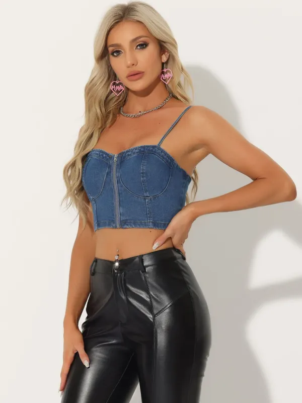 Spaghetti Strap Sleeveless Zip Up Bustier Denim Crop Top sold by Allegra K