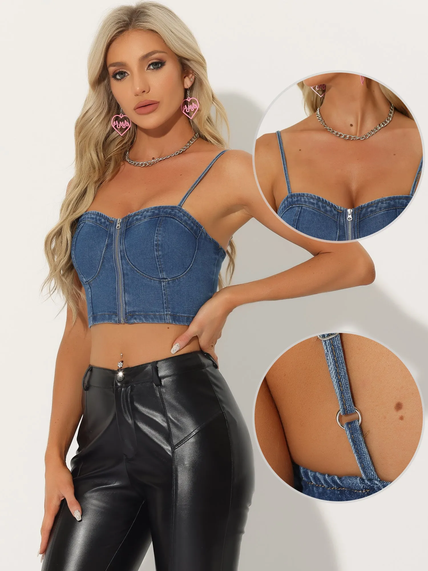 Spaghetti Strap Sleeveless Zip Up Bustier Denim Crop Top sold by Allegra K product image thumbnail 2