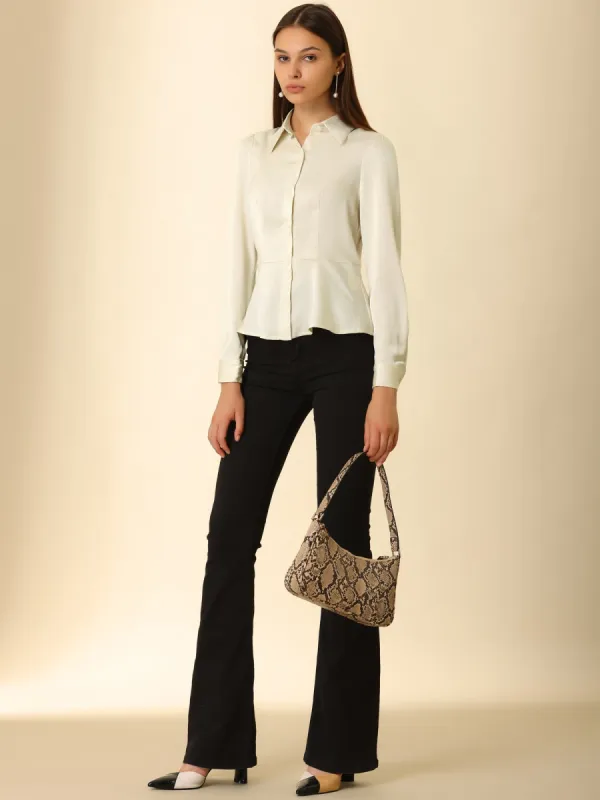 Satin Peplum Work Shirt Turn Down Collar Career Button Up Tops sold by Allegra K