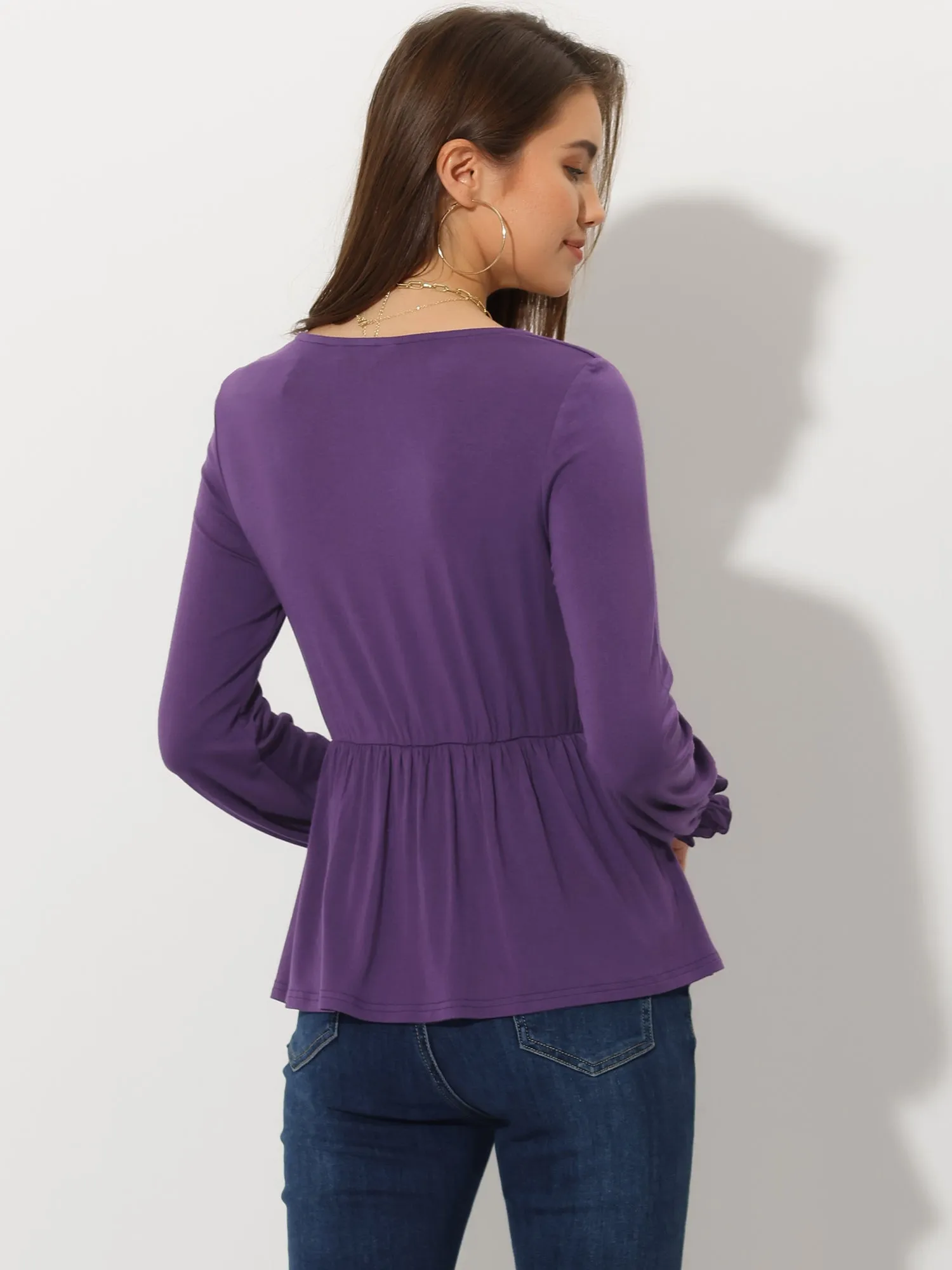 Ruched Square Neck Ruffled Peplum Long Sleeve Blouse sold by Allegra K product image thumbnail 3