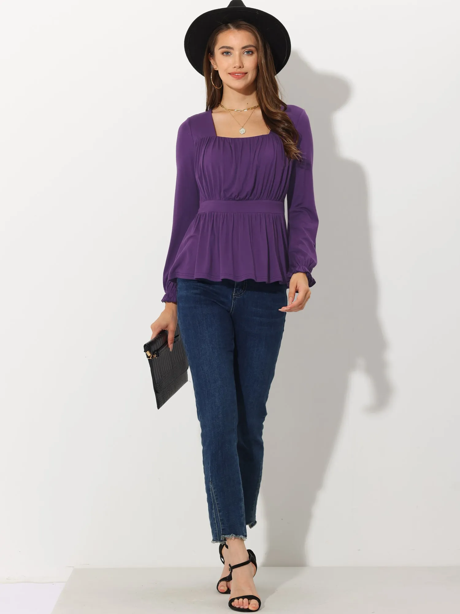 Ruched Square Neck Ruffled Peplum Long Sleeve Blouse sold by Allegra K