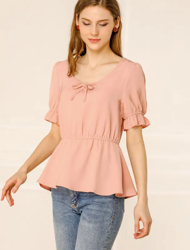 Peplum Top Elastic Waist Scoop Neck Short Puff Sleeve Blouse sold by Allegra K