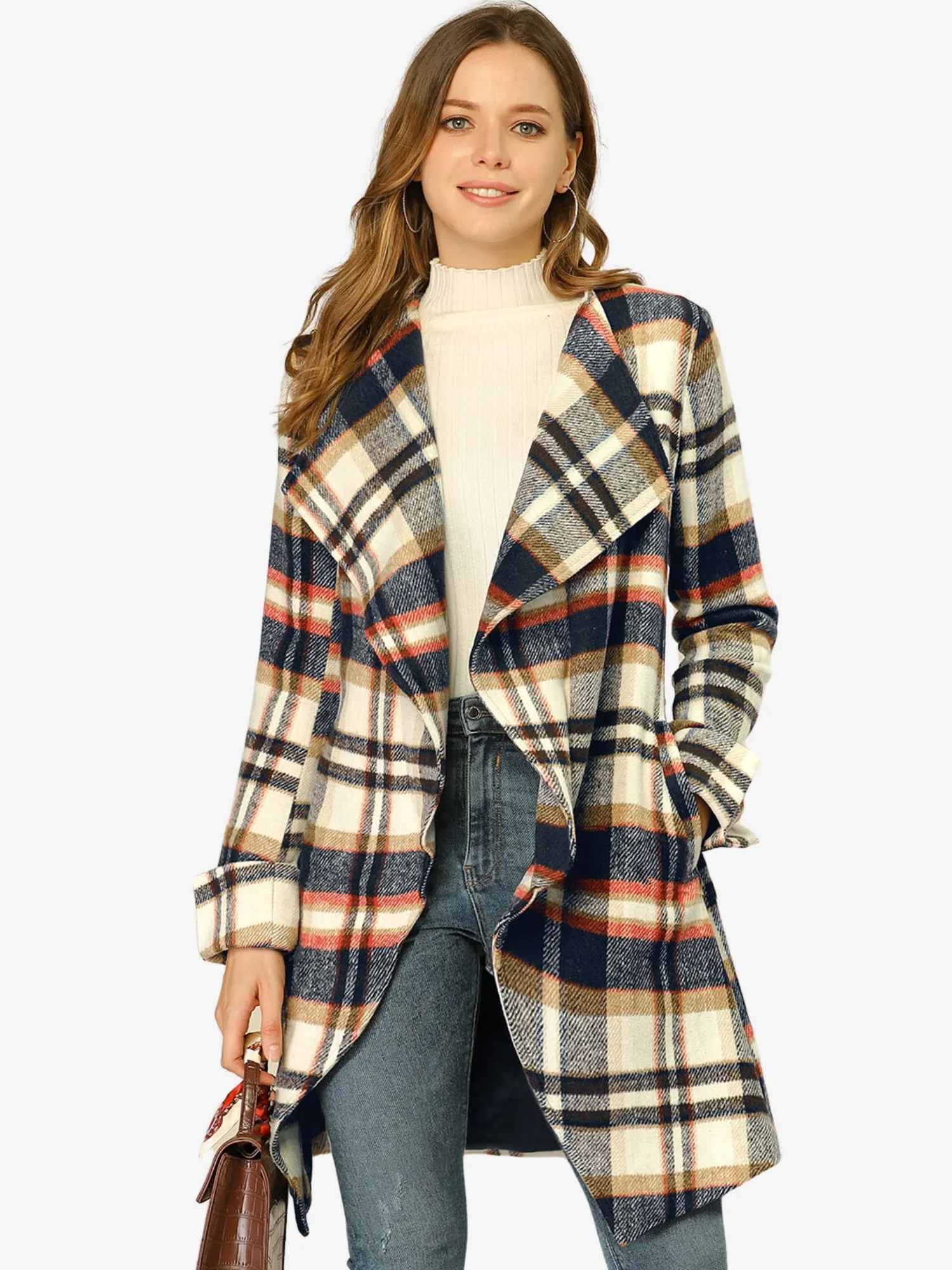 Belted Wrap Outerwear Shawl Collar Asymmetric Hem Plaid Coat sold by Allegra K