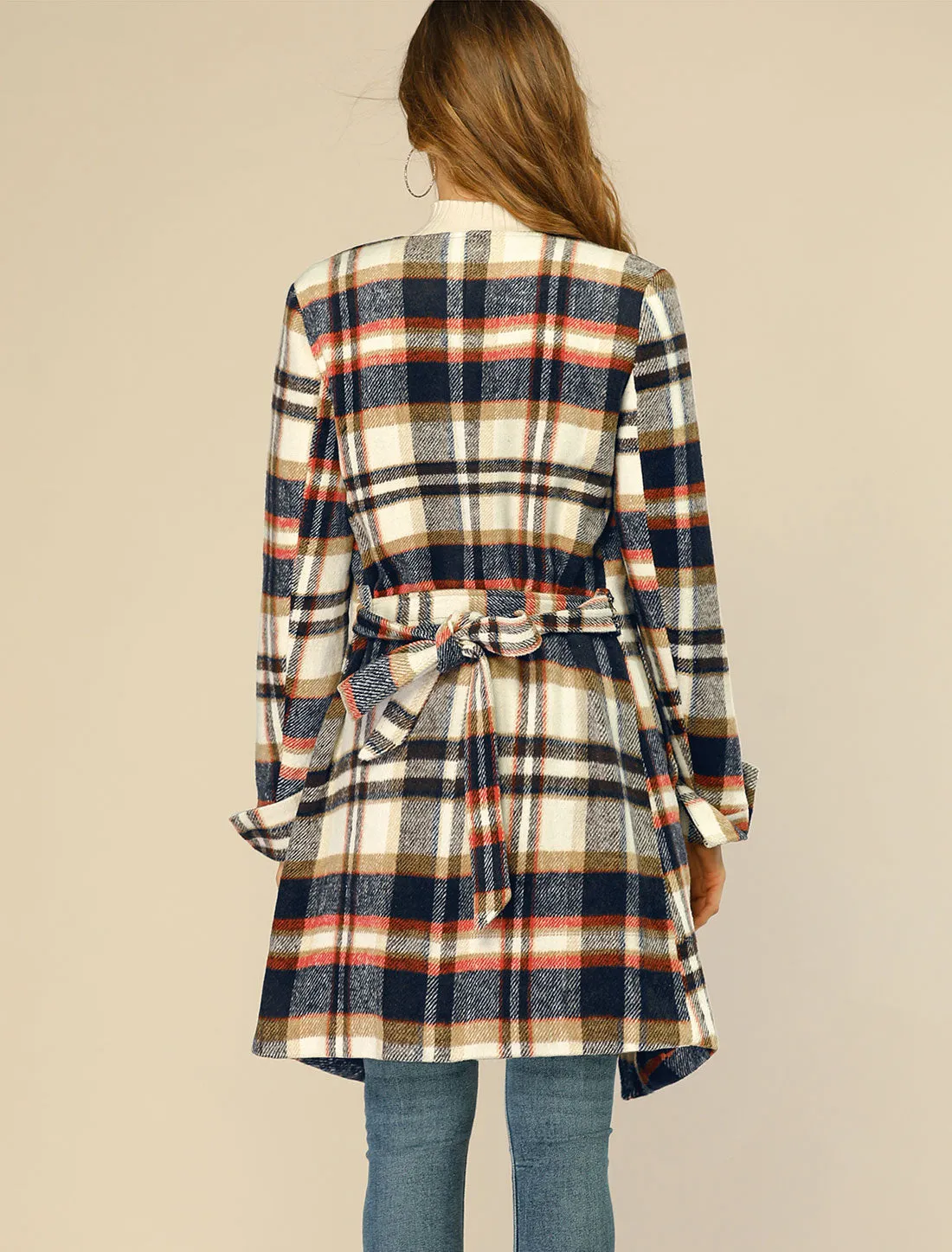 Belted Wrap Outerwear Shawl Collar Asymmetric Hem Plaid Coat sold by Allegra K product image thumbnail 5