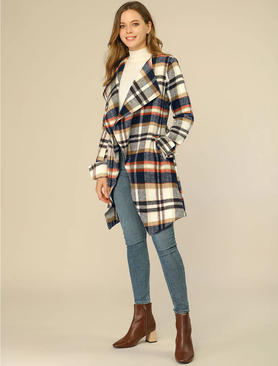 Belted Wrap Outerwear Shawl Collar Asymmetric Hem Plaid Coat sold by Allegra K product image thumbnail 3