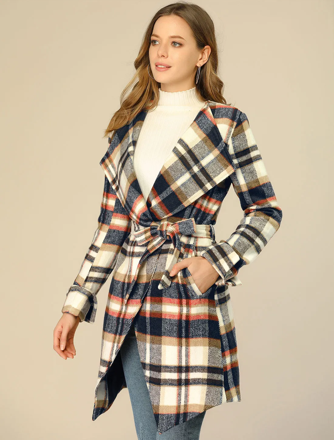 Belted Wrap Outerwear Shawl Collar Asymmetric Hem Plaid Coat sold by Allegra K product image thumbnail 4