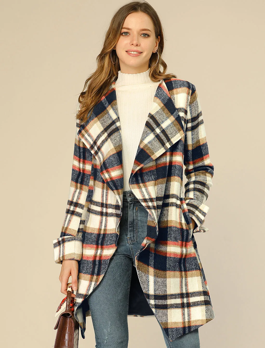 Belted Wrap Outerwear Shawl Collar Asymmetric Hem Plaid Coat sold by Allegra K product image thumbnail 2