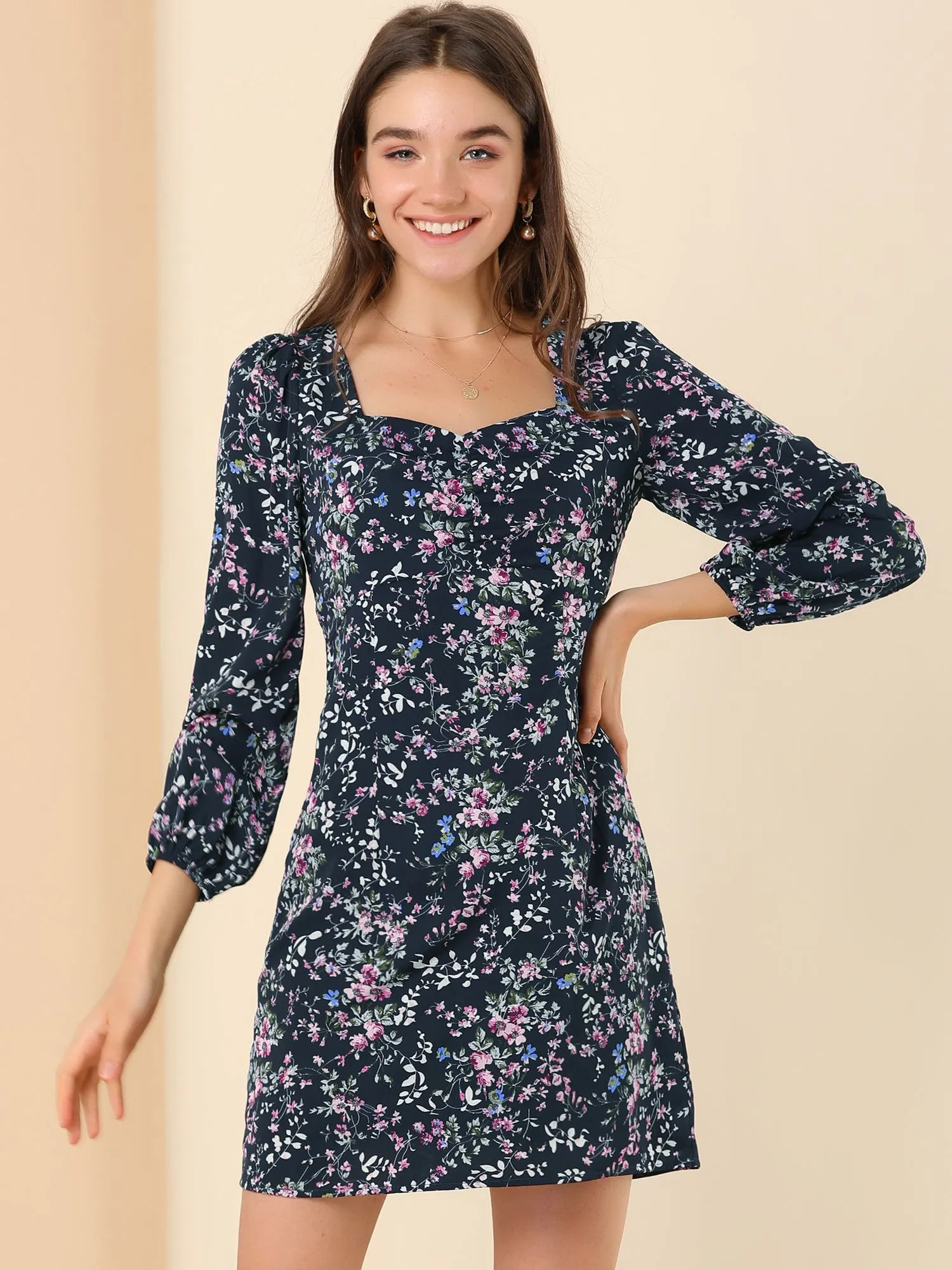 Floral Vintage Puff Sleeve Sweetheart Neckline Ruched Dress sold by Allegra K product image thumbnail 2