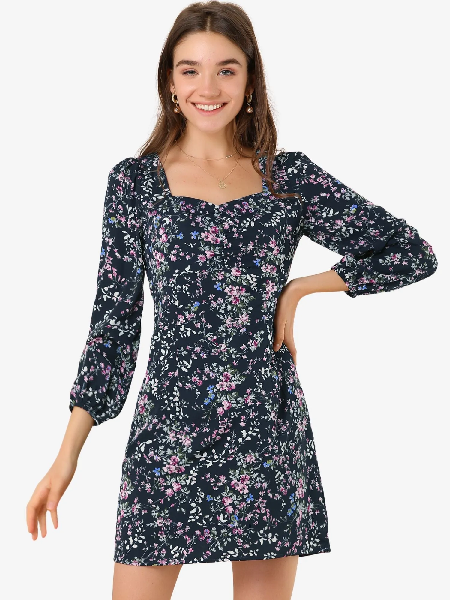 Floral Vintage Puff Sleeve Sweetheart Neckline Ruched Dress sold by Allegra K