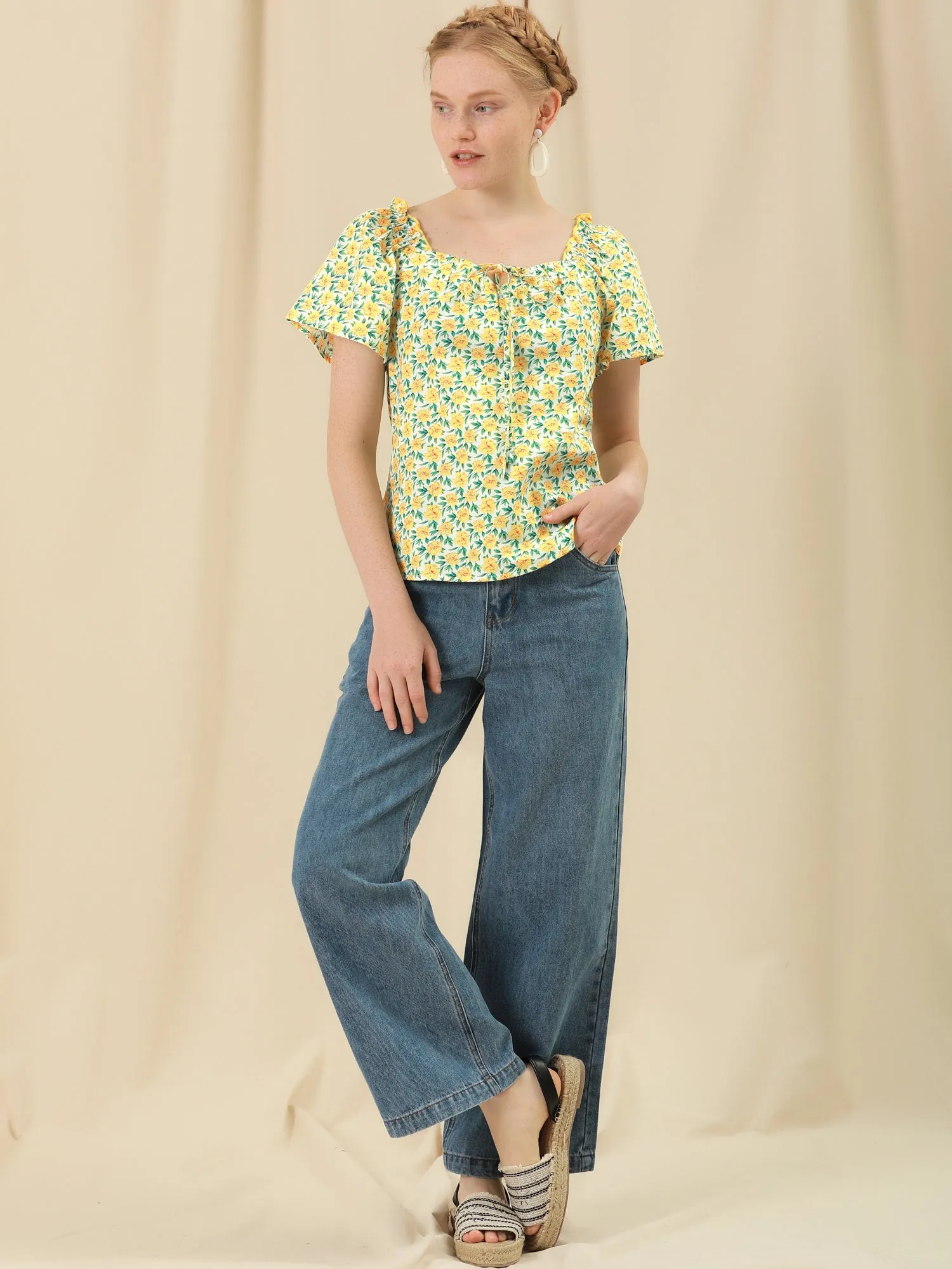 Summer Floral Tie Neck Ruffle Peasant Blouse Top sold by Allegra K product image thumbnail 3