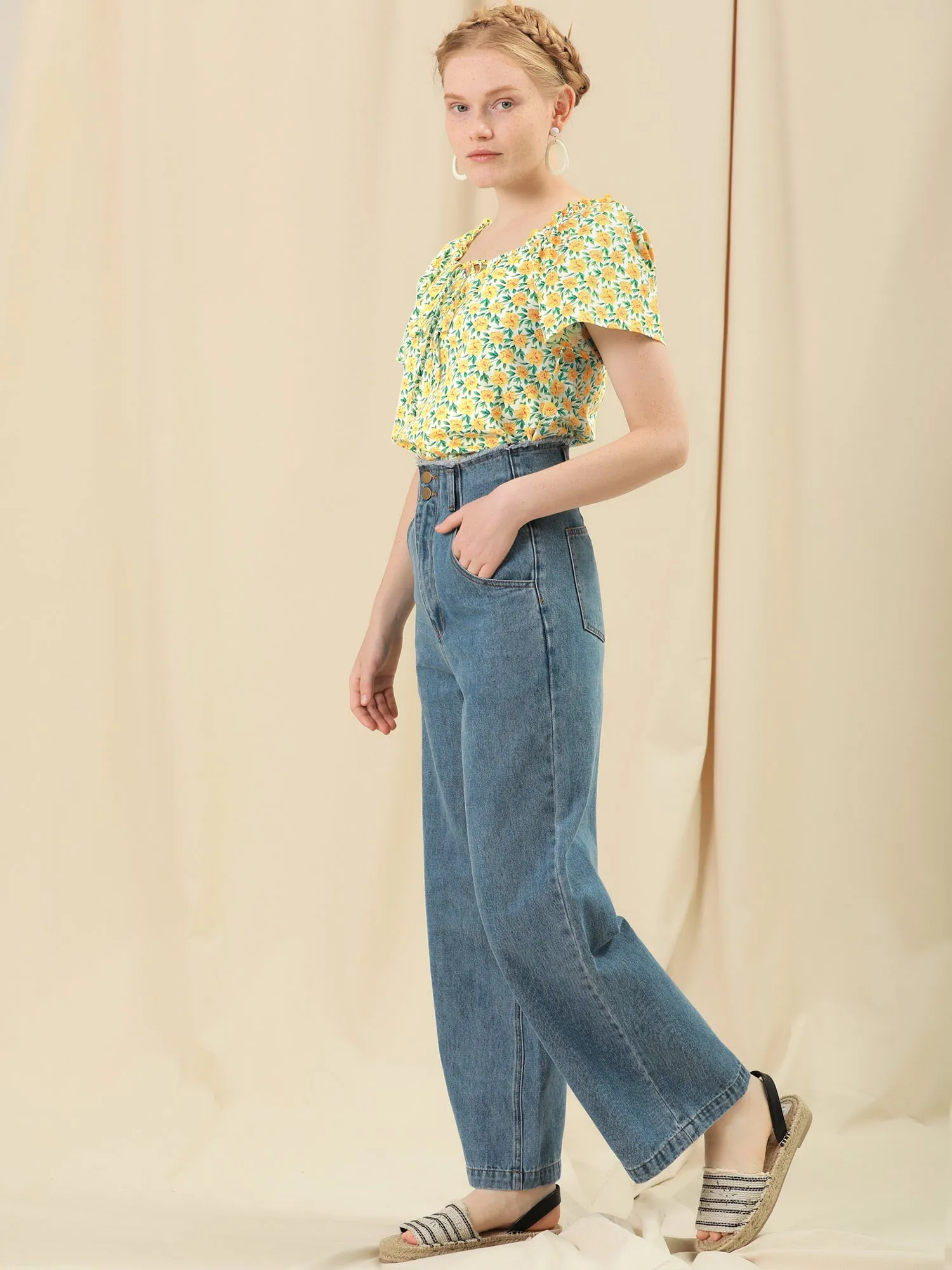 Summer Floral Tie Neck Ruffle Peasant Blouse Top sold by Allegra K