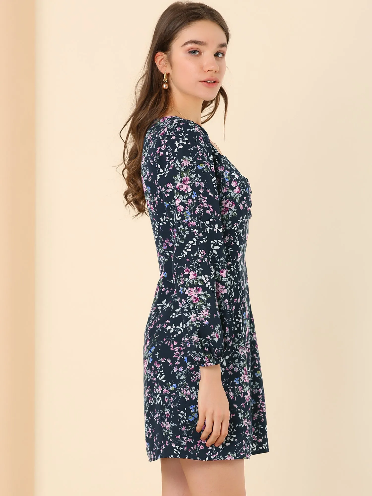 Floral Vintage Puff Sleeve Sweetheart Neckline Ruched Dress sold by Allegra K product image thumbnail 4