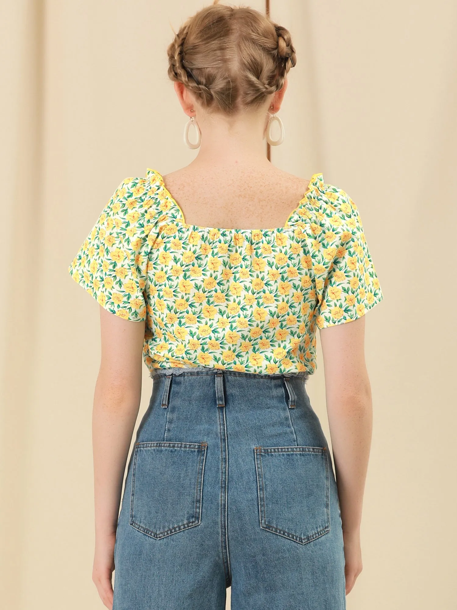 Summer Floral Tie Neck Ruffle Peasant Blouse Top sold by Allegra K product image thumbnail 4