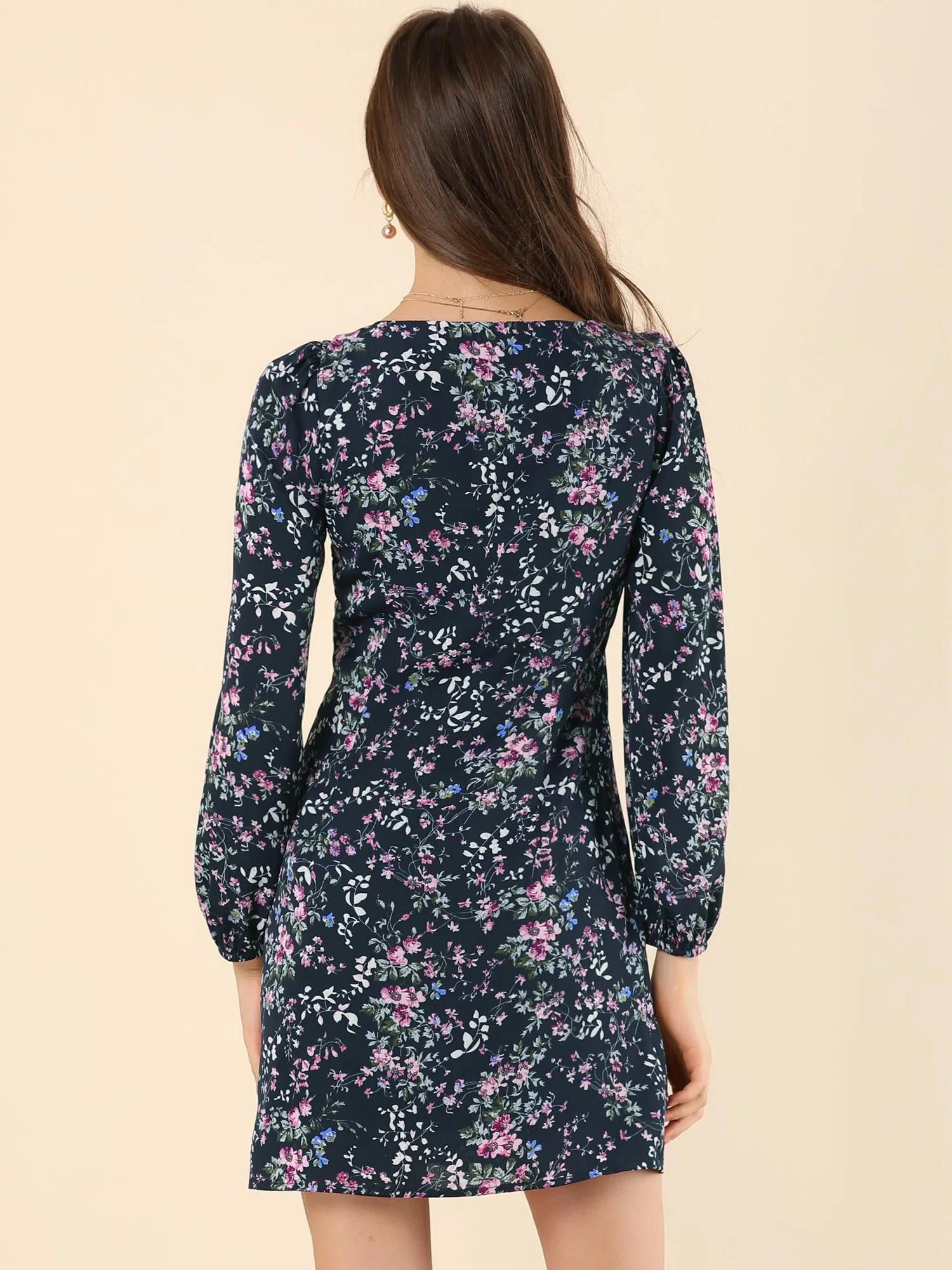 Floral Vintage Puff Sleeve Sweetheart Neckline Ruched Dress sold by Allegra K product image thumbnail 5