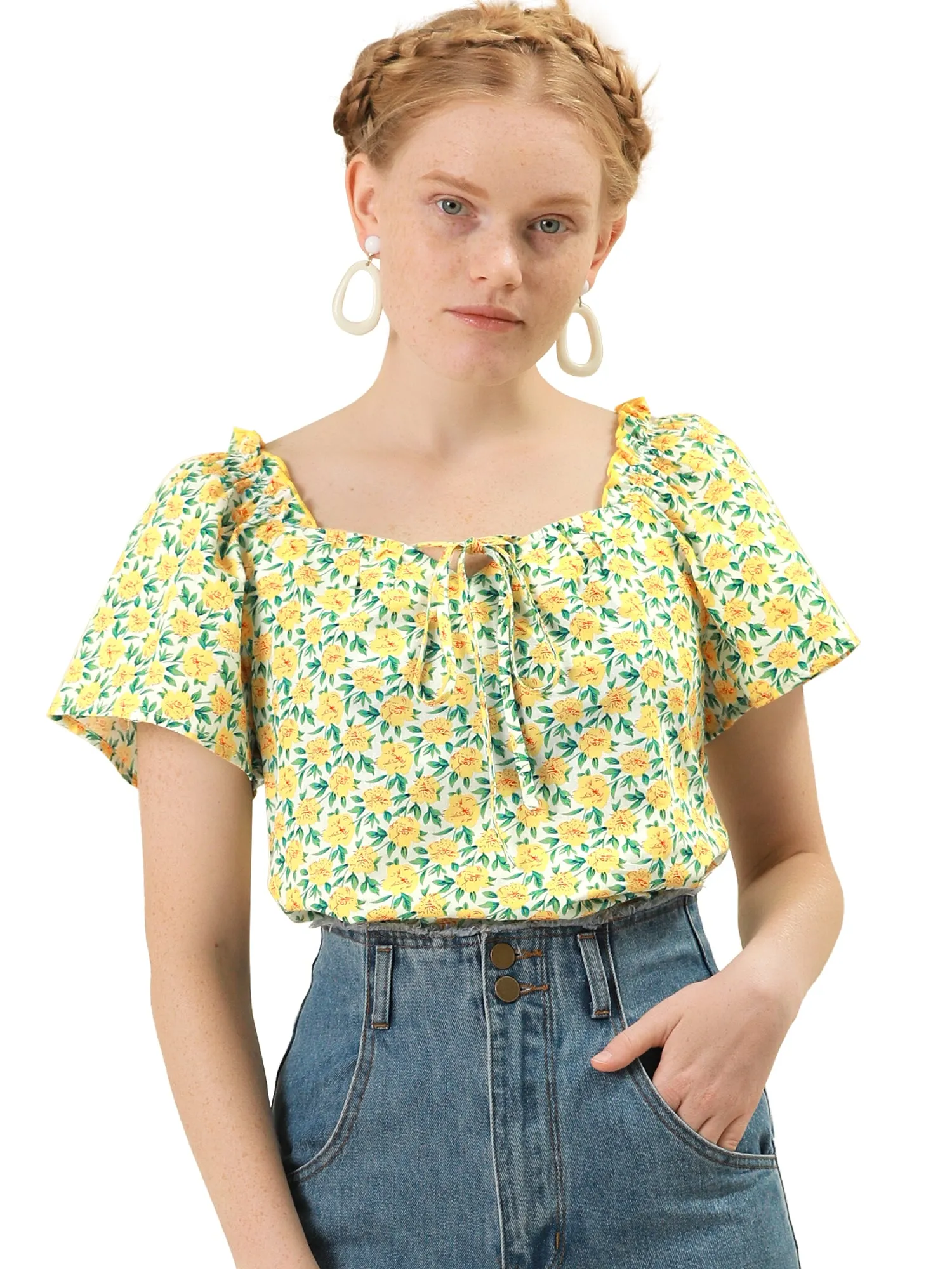 Summer Floral Tie Neck Ruffle Peasant Blouse Top sold by Allegra K product image thumbnail 2