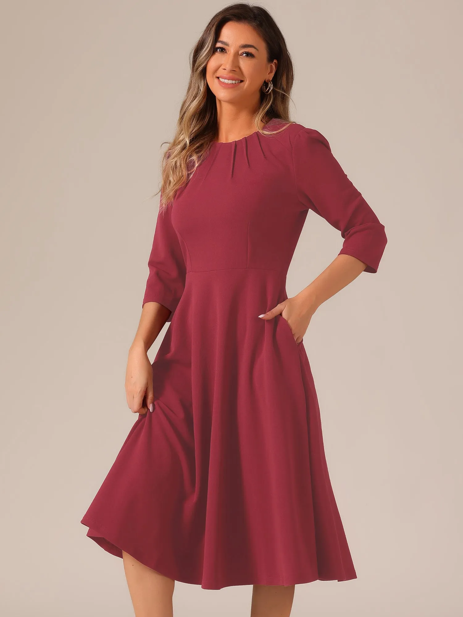 3/4 Sleeve Pleated Round Neck Pocketed A-Line Swing Midi Dress sold by Allegra K