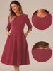 3/4 Sleeve Pleated Round Neck Pocketed A-Line Swing Midi Dress sold by Allegra K
